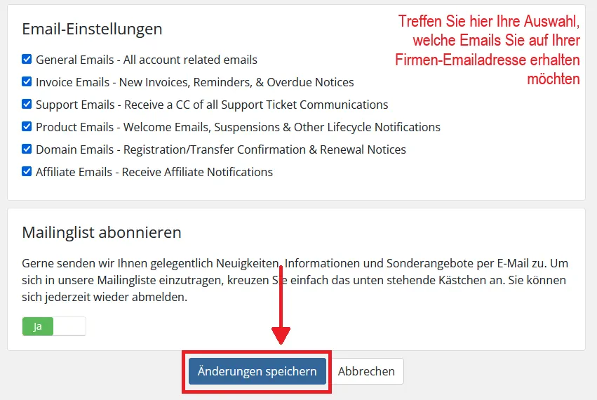Auswahl der Email-Einstellungen