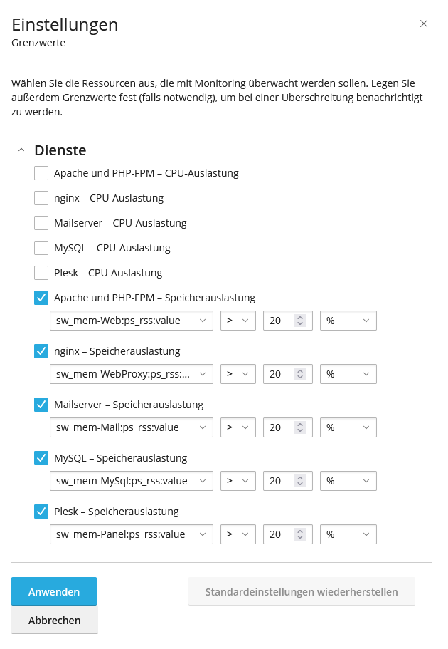 Ein Bild des Konfigurationsfensters für die Grenzwerte der Speicherwanrung.
