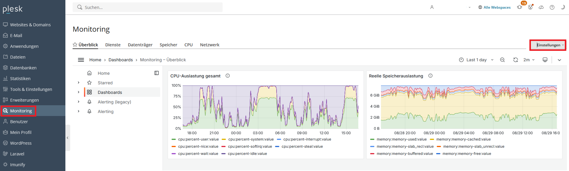 Bild zum Auffinden der Einstellungen für die Grenzwerte der Speicherwarnung (Monitoring, Einstellungen).