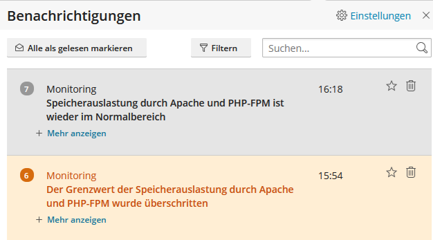 Bild mit der Warnung "Der Grenzwert der Speicherauslastung durch Apache und PHP-FPM wurde überschritten" in Plesk.